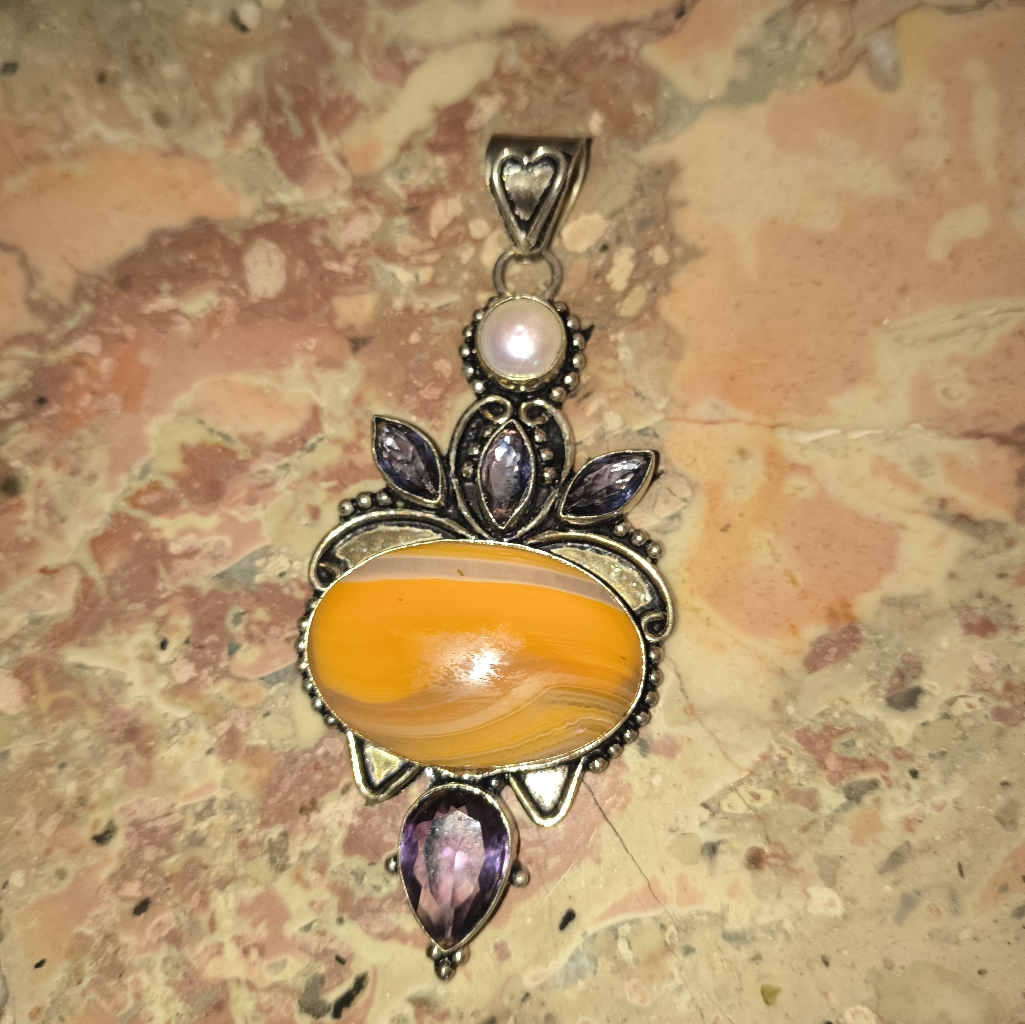 Elegant Silver 925 And Orange Agate, Purple Amethyst Pendant